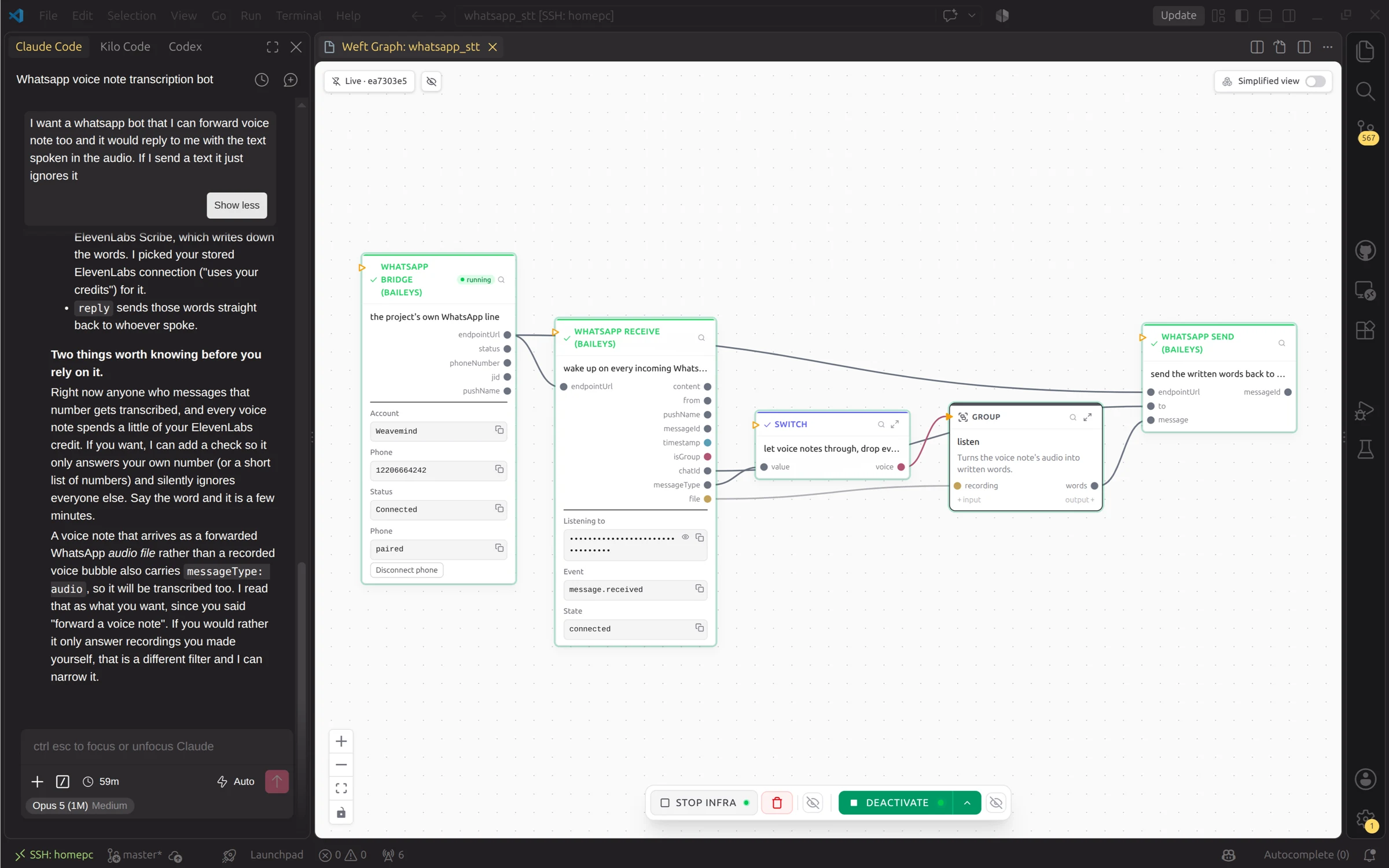 Tangle in Claude Code: the request for a WhatsApp voice-note bot on the left, the program it built on the right, running